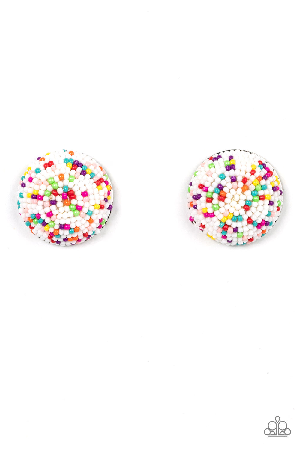 Kaleidoscope Sky - White Seed Bead Earrings a bubbly assortment of dainty multicolored beads spins around the front of an oversized and beveled silver frame, resulting in a boisterous pop of kaleidoscopic color. Earring attaches to a standard post fitting.  Sold as one pair of post earrings.