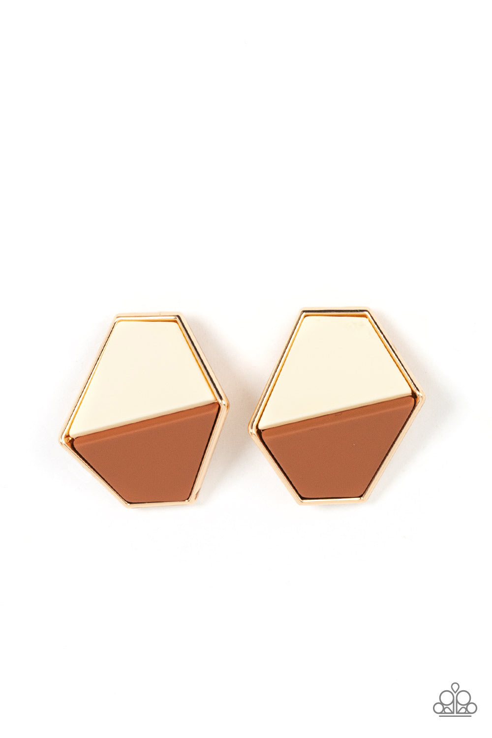 Paparazzi Accessories - Generically Geometric - Brown Earrings featuring a matte finish, white and brown trapezoidal frames are encased in a glistening gold frame that gently folds backwards for added dimension. Earring attaches to a standard post fitting.  Sold as one pair of post earrings.