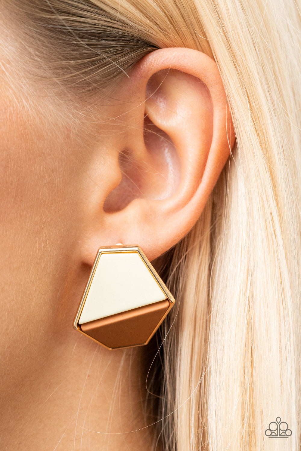 Paparazzi Accessories - Generically Geometric - Brown Earrings featuring a matte finish, white and brown trapezoidal frames are encased in a glistening gold frame that gently folds backwards for added dimension. Earring attaches to a standard post fitting.  Sold as one pair of post earrings.