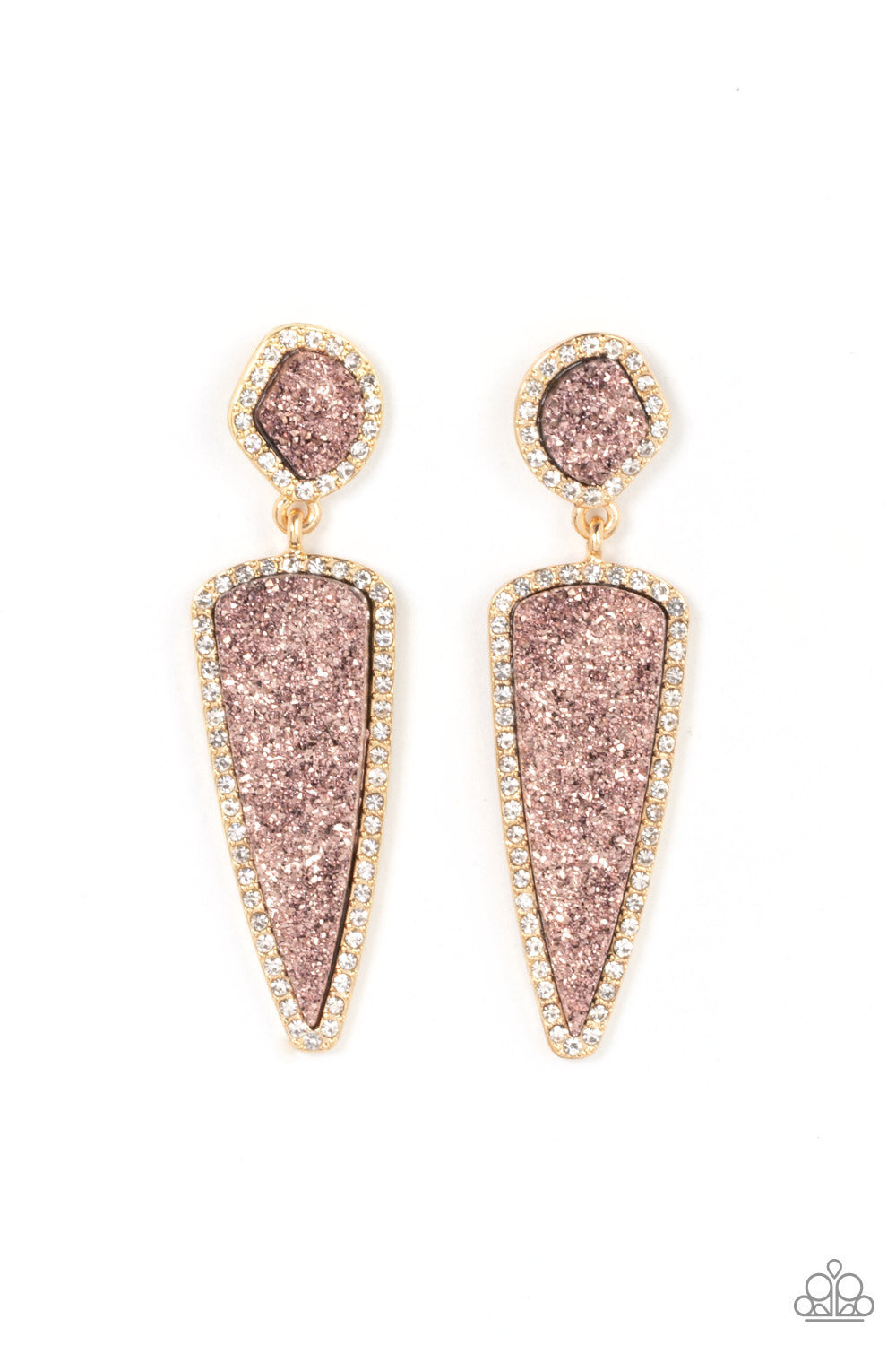 Paparazzi Accessories - Druzy Desire - Gold Earrings featuring asymmetrical and triangular cuts, a pair of pink druzy-like accents are encased inside white rhinestone dotted gold frames as they link into a jaw-dropping lure. Earring attaches to a standard post fitting.  Sold as one pair of post earrings.