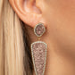 Paparazzi Accessories - Druzy Desire - Gold Earrings featuring asymmetrical and triangular cuts, a pair of pink druzy-like accents are encased inside white rhinestone dotted gold frames as they link into a jaw-dropping lure. Earring attaches to a standard post fitting.  Sold as one pair of post earrings.