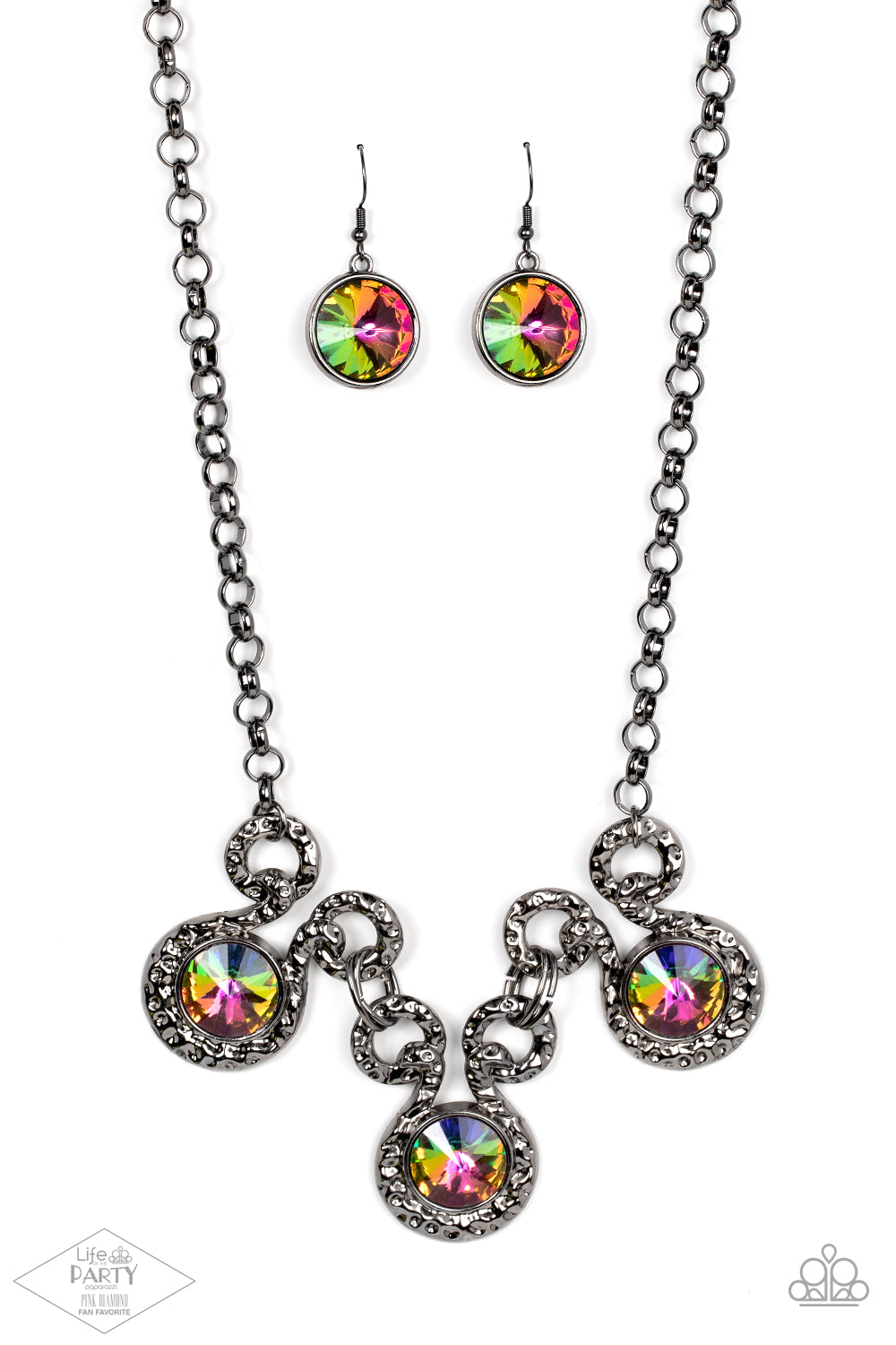 Paparazzi Accessories Hypnotized - Multi Life of the Party Exclusive Necklaces three dramatically oversized oil spill rhinestones are nestled into three textured gunmetal fittings that are connected by oval gunmetal rings, creating a brilliant statement piece. Features an adjustable clasp closure.  Sold as one individual necklace. Includes one pair of matching earrings.