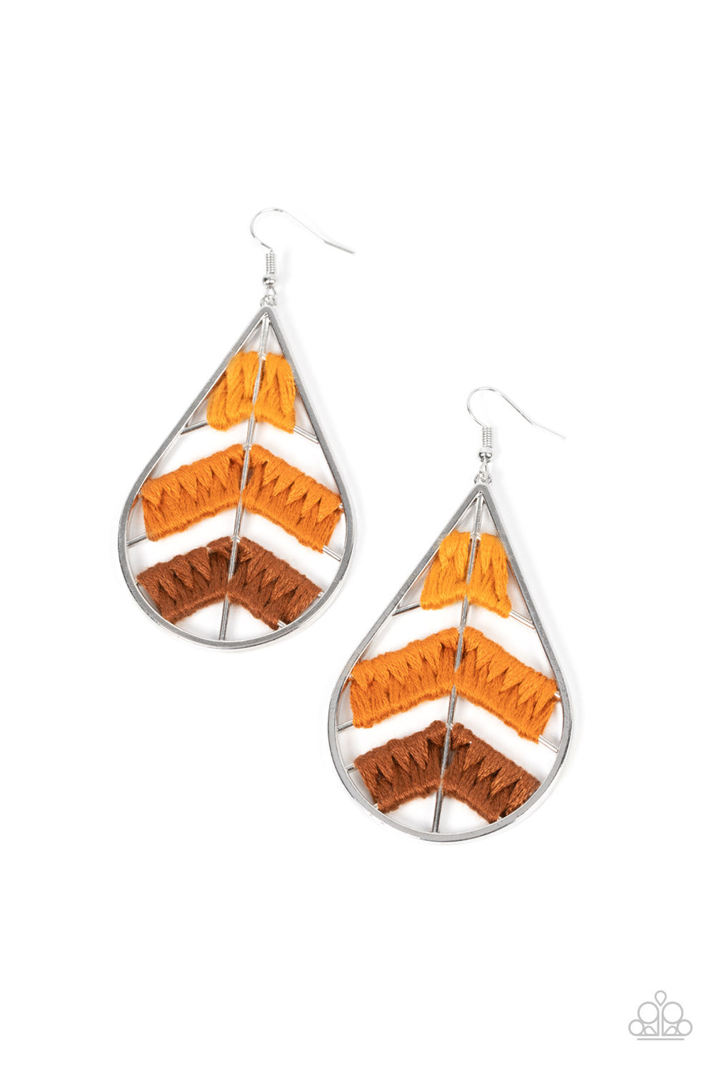 Paparazzi Accessories - Nice Threads - Orange Earrings an ombré of orange and brown threads decoratively weave along arched silver bars inside of a shiny silver teardrop, resulting in an earthy lure. Earring attaches to a standard fishhook fitting.  Sold as one pair of earrings.