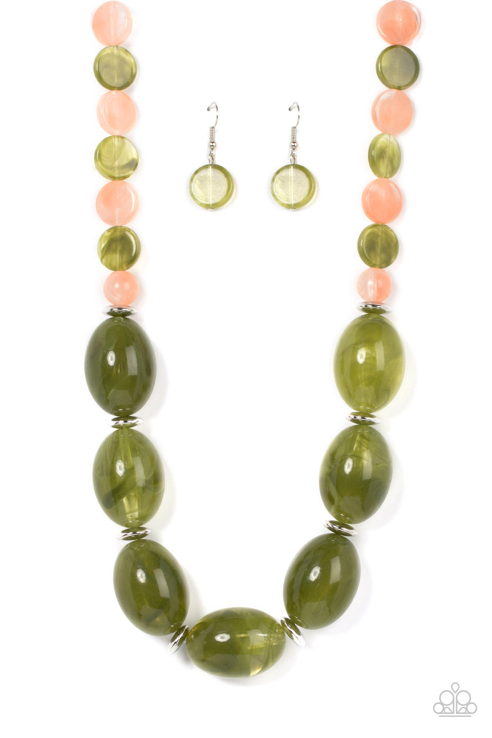 Paparazzi Accessories - Belle of the Beach - Green Necklaces featuring cloudy acrylic finishes, flat Olive Branch and coral discs alternate along an invisible wire, giving way to an oversized collection of cloudy oval Olive Branch beads for an ethereal pop of color below the collar. Features an adjustable clasp closure.  Sold as one individual necklace. Includes one pair of matching earrings.