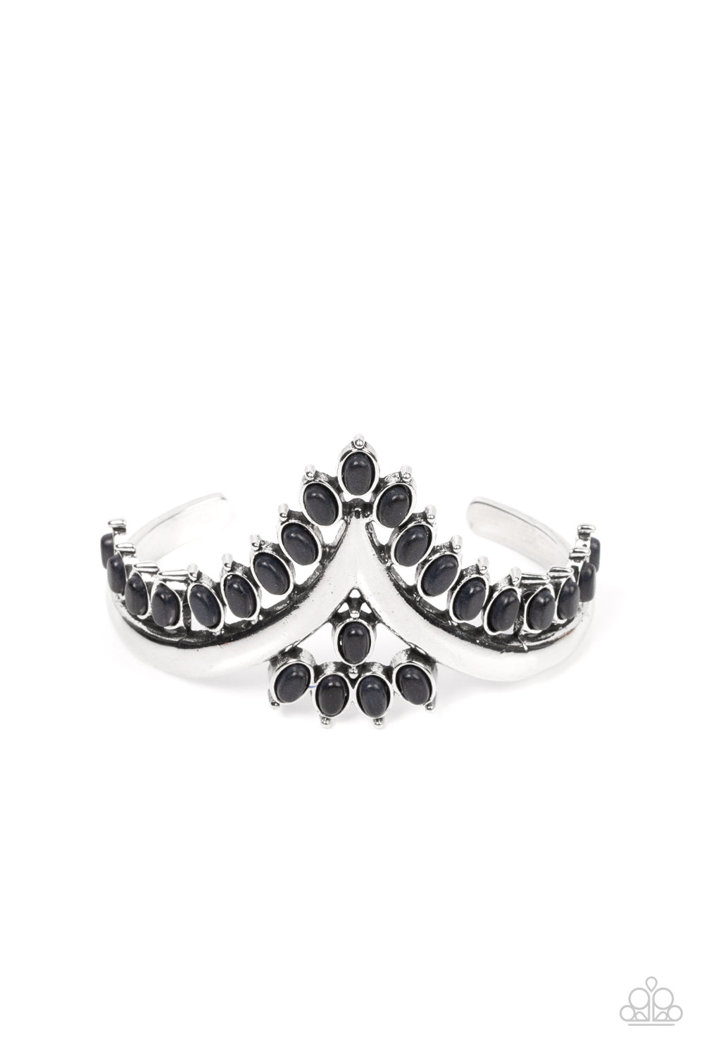 Paparazzi Accessories Teton Tiara - Black Stone Convention Bracelet black oval stones, encased in studded silver frames, line the edge of a daring V-shaped silver cuff. A gathering of black stones adorns the center of the bracelet, adding a finishing touch to the rustically regal cuff.  Sold as one individual bracelet.  2022 Glow Convention 