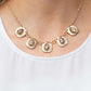 Paparazzi Accessories Mayan Masterpiece - Brown Hammered flecked in gold foil, glassy brown teardrops are pressed into hammered gold frames that delicately link below the collar for a dash of refined shimmer. Features an adjustable clasp closure.  Featured inside The Preview at GLOW!  Sold as one individual necklace. Includes one pair of matching earrings.