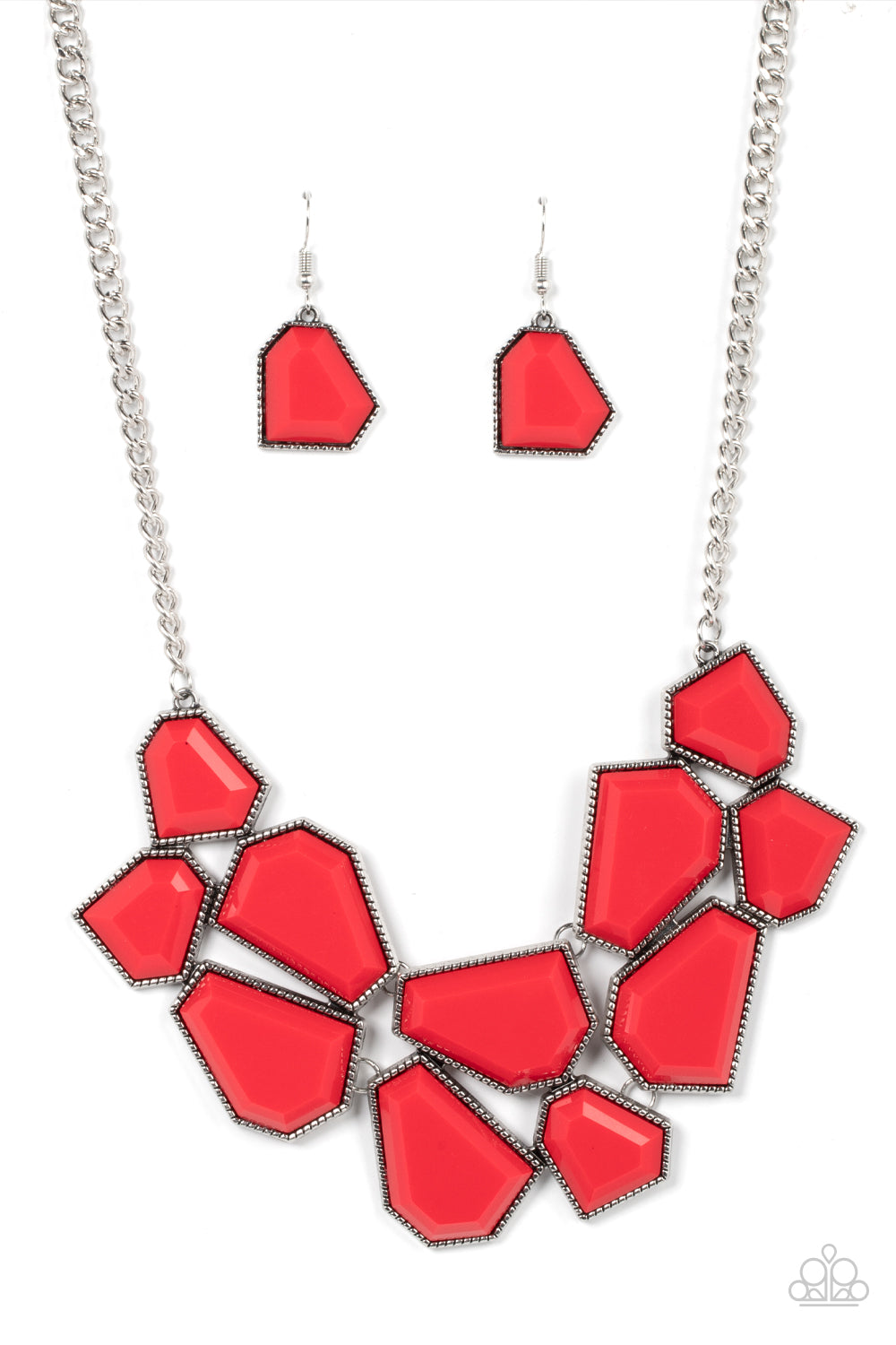 Double-DEFACED - Red Necklaces a collection of flamboyant red defaced beads are encased in studded silver frames which link together across the collar. The irregular-shaped designs, suspended from silver chains, make a dynamically striking statement. Features an adjustable clasp closure.  Sold as one individual necklace. Includes one pair of matching earrings.