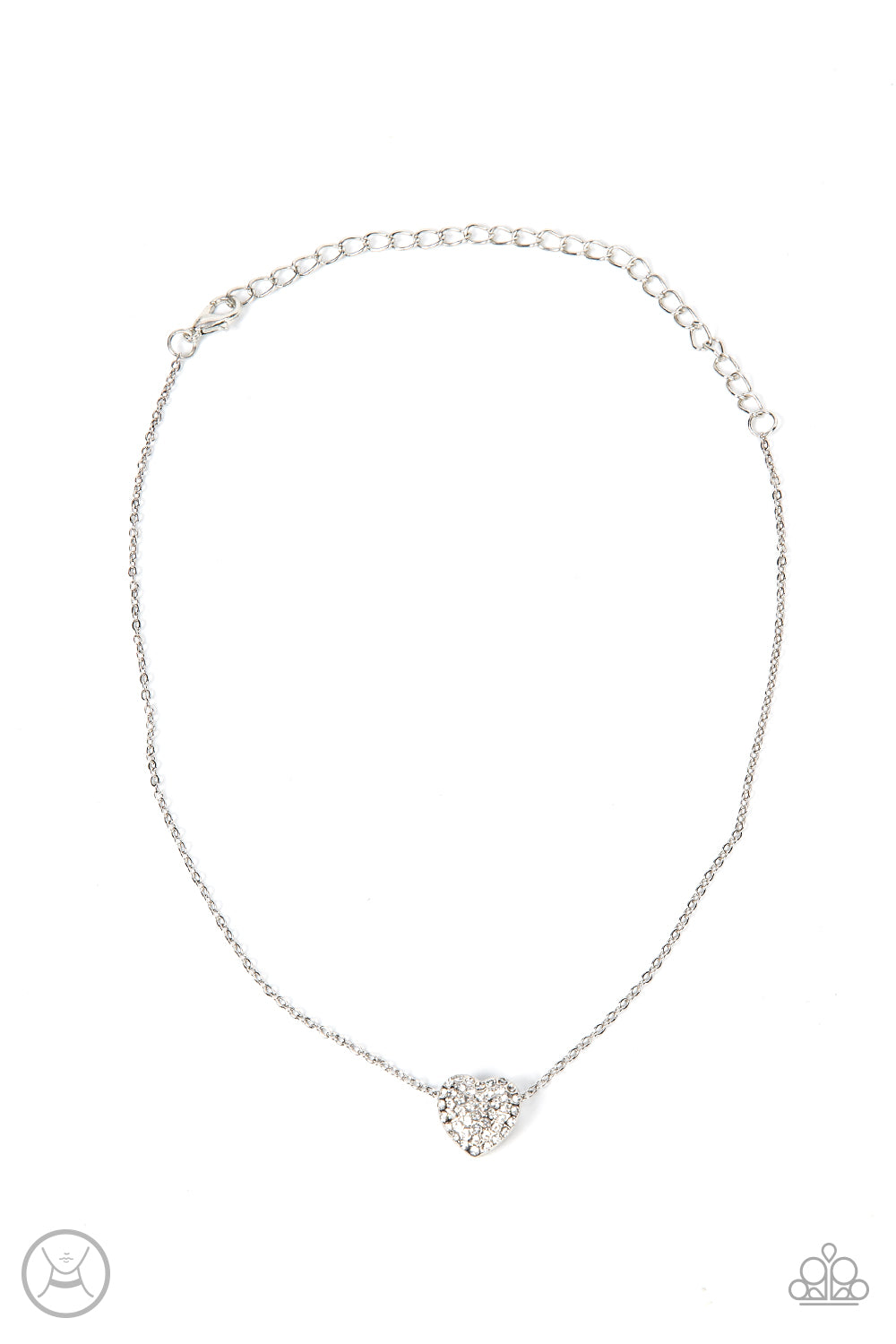 Twitterpated Twinkle - White Heart Rhinestone Choker Necklaces encrusted in glassy white rhinestones, a dainty heart frame sparkles along a dainty silver chain around the neck for a flirty finesse. Features an adjustable clasp closure.  Sold as one individual choker necklace. Includes one pair of matching earrings.
