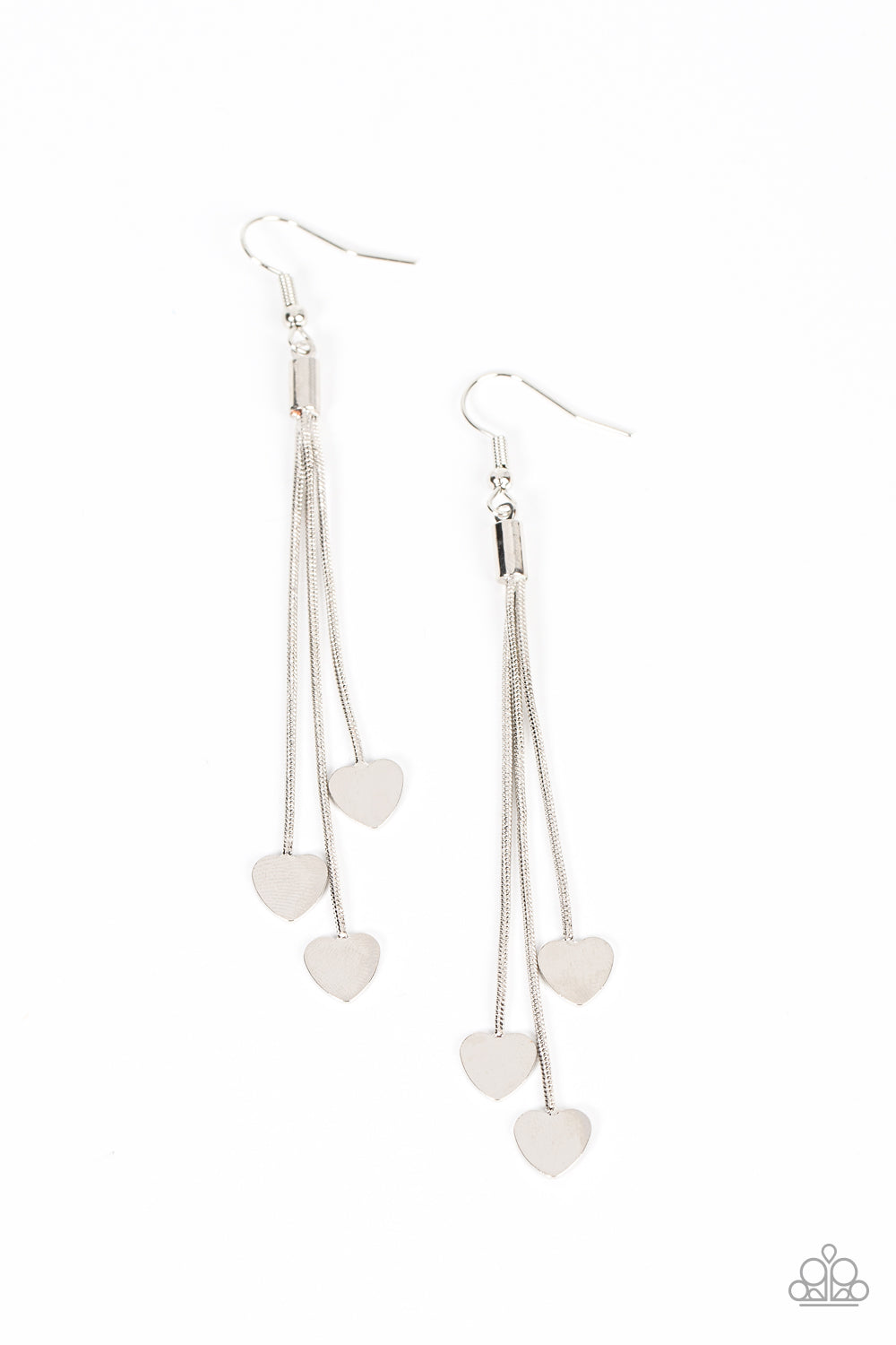 Higher Love - Silver Heart Charm Earrings shiny silver heart charms delicately trickle from varying lengths of rounded silver snake chain, resulting in a flirtatious tassel. Earring attaches to a standard fishhook fitting.  Sold as one pair of earrings.