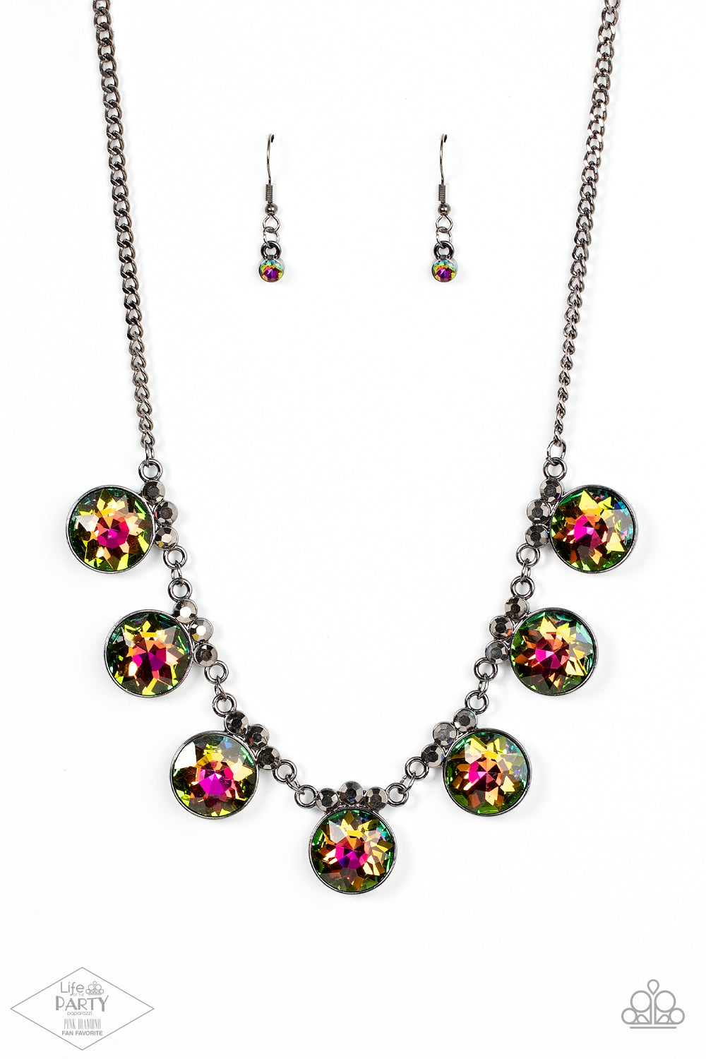 Paparazzi Accessories GLOW-Getter Glamour - Multi Oil Spill Life of the Party Necklaces crowned in a trio of dainty hematite rhinestones, an exaggerated display of oversized oil spill gems delicately link below the collar for a glamorous glow. Features an adjustable clasp closure.  Sold as one individual necklace. Includes one pair of matching earrings.