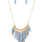 Paparazzi Accessories Bohemian Breeze - Blue Necklace flanked by dainty gold beads, cylindrical gold and glassy Spring Lake beads alternate along a gold beaded chain, fanning out into a colorful fringe below the collar. Features an adjustable clasp closure.  Sold as one individual necklace. Includes one pair of matching earrings.