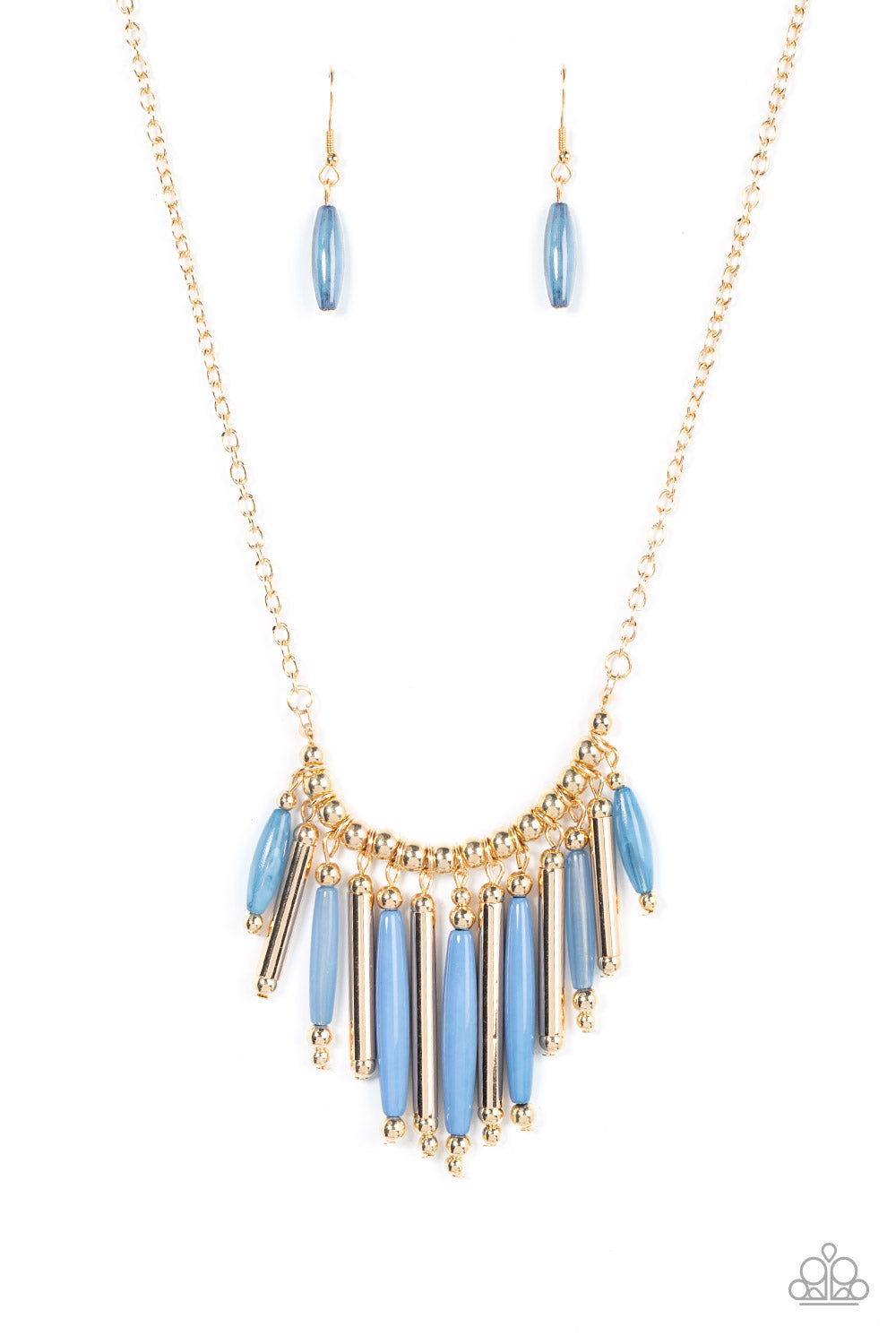 Paparazzi Accessories Bohemian Breeze - Blue Necklace flanked by dainty gold beads, cylindrical gold and glassy Spring Lake beads alternate along a gold beaded chain, fanning out into a colorful fringe below the collar. Features an adjustable clasp closure.  Sold as one individual necklace. Includes one pair of matching earrings.