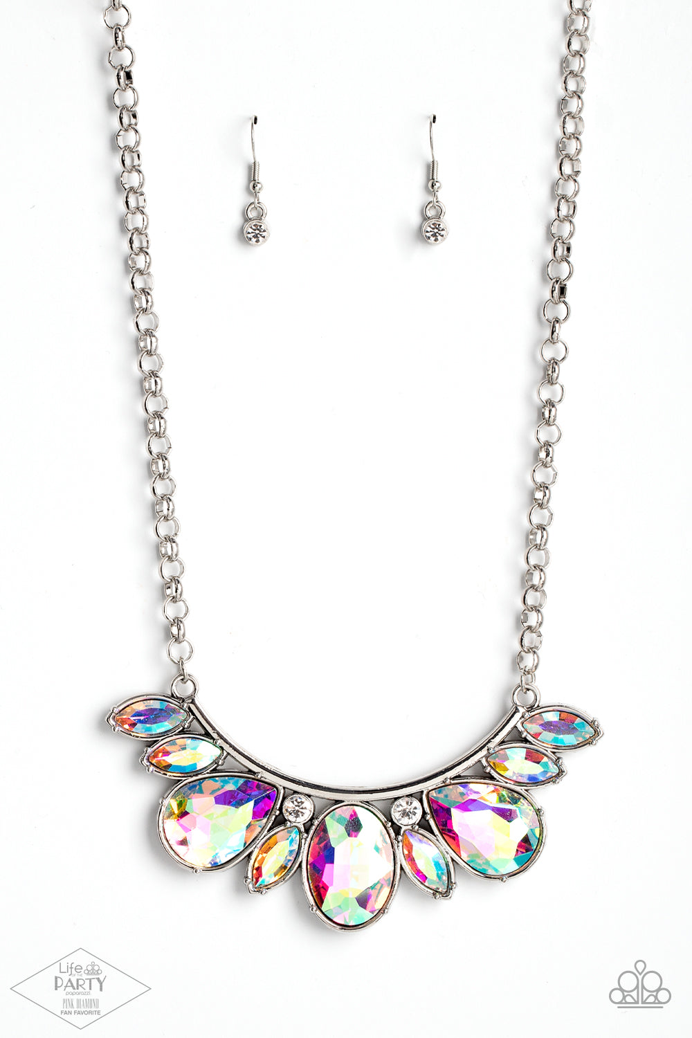Paparazzi Never Slay Never - Iridescent Multi Necklaces infused with a pair of glassy white rhinestones, an oversized collection of marquise and teardrop iridescent rhinestones drips from the bottom of a bowing silver bar, coalescing into a sassy statement piece below the collar. Features an adjustable clasp closure.  Sold as one individual necklace. Includes one pair of matching earrings.  Life of the Party 