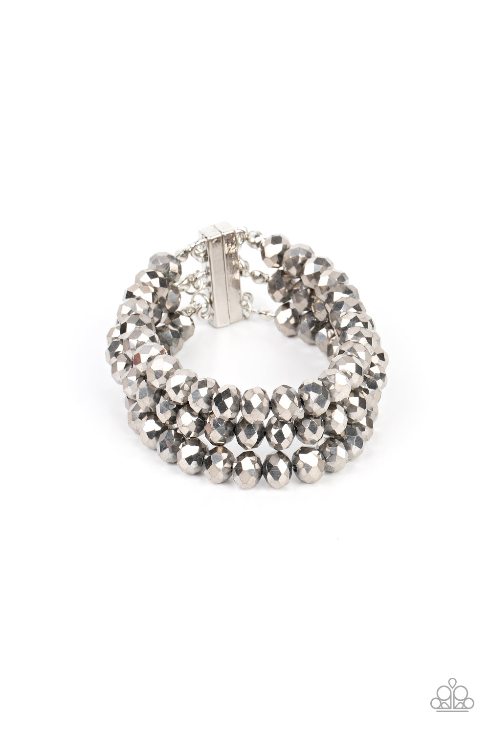 Paparazzi Accessories Supernova Sultry - Silver Magnetic Bracelets rows of hematite crystal-like beads are threaded along invisible wires around the wrist, layering into a smoldering sparkle. Features a magnetic closure.  Sold as one individual bracelet.