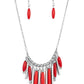 Paparazzi Accessories - Bohemian Breeze - Red Necklace flanked by dainty silver beads, cylindrical silver and glassy and opaque red beads alternate along a silver beaded chain, fanning out into a colorful fringe below the collar. Features an adjustable clasp closure.  Sold as one individual necklace. Includes one pair of matching earrings.