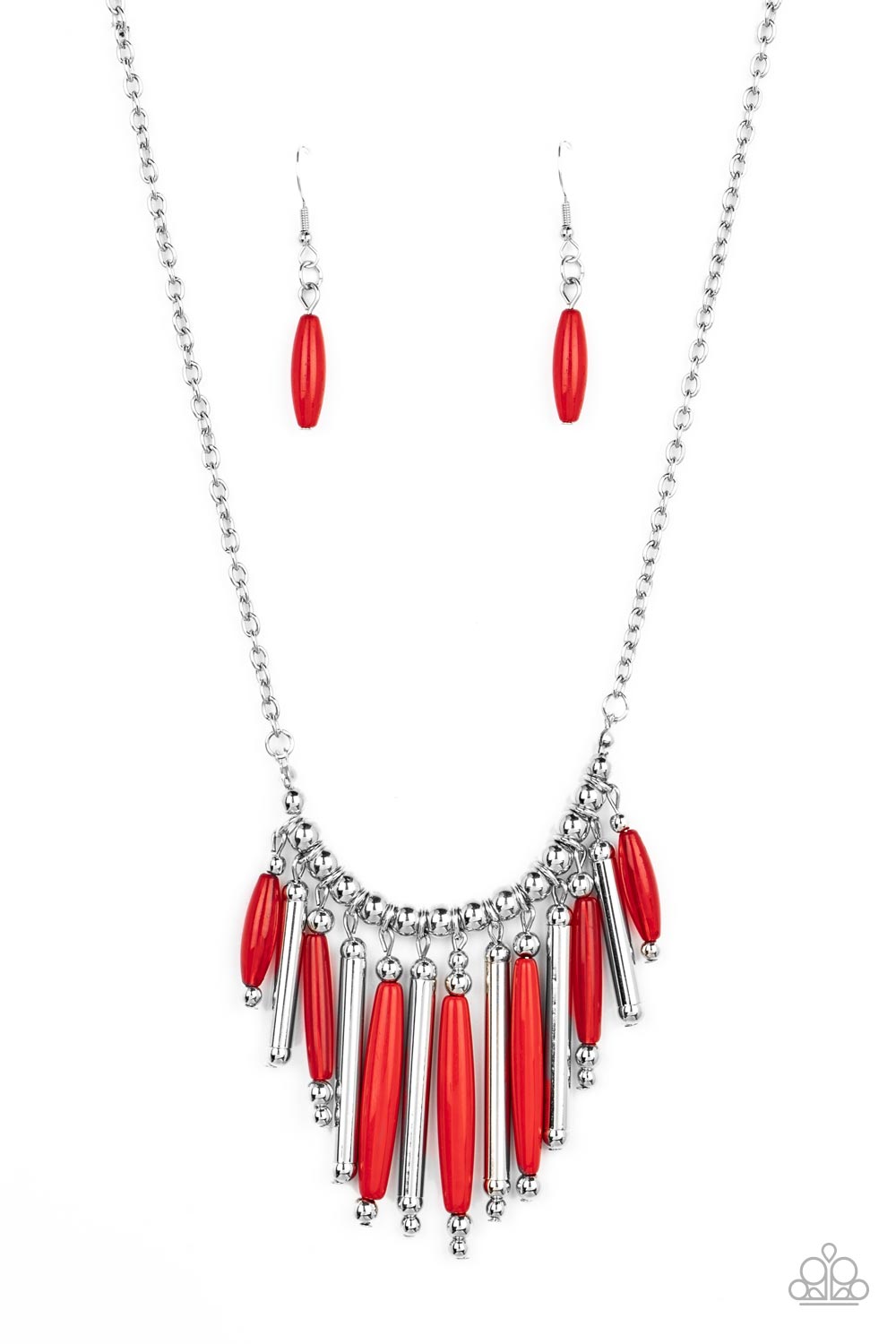 Paparazzi Accessories - Bohemian Breeze - Red Necklace flanked by dainty silver beads, cylindrical silver and glassy and opaque red beads alternate along a silver beaded chain, fanning out into a colorful fringe below the collar. Features an adjustable clasp closure.  Sold as one individual necklace. Includes one pair of matching earrings.