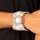 Paparazzi Lights, SELFIE, Action - Silver Bracelets a silver finish, a thick pleather band delicately knots around the wrist. Stacked with brilliant white rhinestones, a dramatic silver buckle sparkles at the center of the wrist for a dramatic finish. Features an adjustable snap closure.  Sold as one individual bracelet.