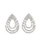 Paparazzi Accessories Take a POWER Stance - White Rhinestone Convention Earrings loops of glassy white rhinestones ripple out from the bottom of a stationary triangular fitting that is dotted in glittery white rhinestones, resulting in a timeless teardrop chandelier. Earring attaches to a standard post fitting.  Sold as one pair of post earrings.  2022 Glow Convention 