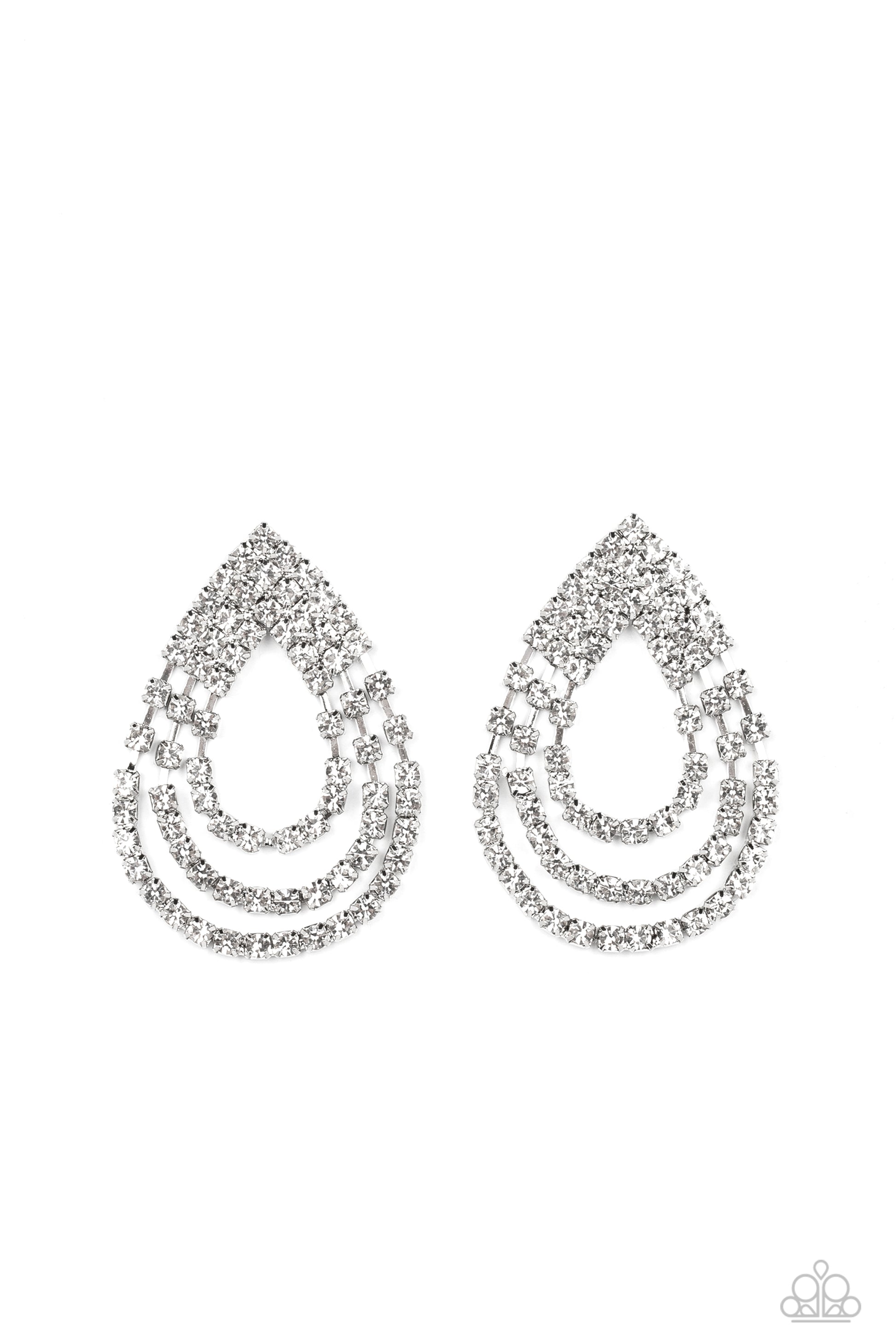 Paparazzi Accessories Take a POWER Stance - White Rhinestone Convention Earrings loops of glassy white rhinestones ripple out from the bottom of a stationary triangular fitting that is dotted in glittery white rhinestones, resulting in a timeless teardrop chandelier. Earring attaches to a standard post fitting.  Sold as one pair of post earrings.  2022 Glow Convention 