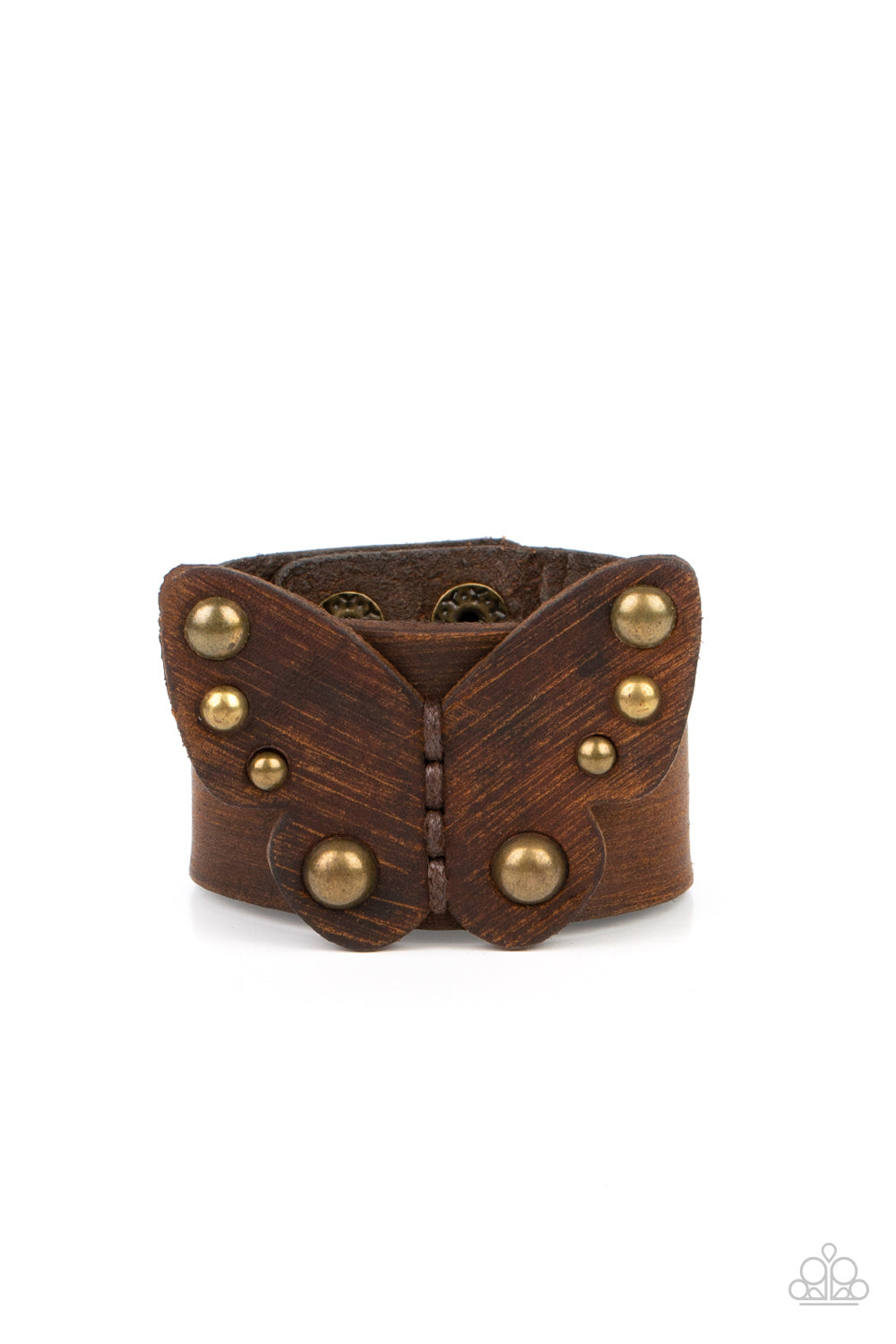 Paparazzi Accessories - Butterfly Farm - Brass Leather Bracelets dotted with antiqued brass studs, a distressed leather butterfly is studded in place across the center of a distressed brown leather band for a rustic flair. Features an adjustable snap closure.  Sold as one individual bracelet.