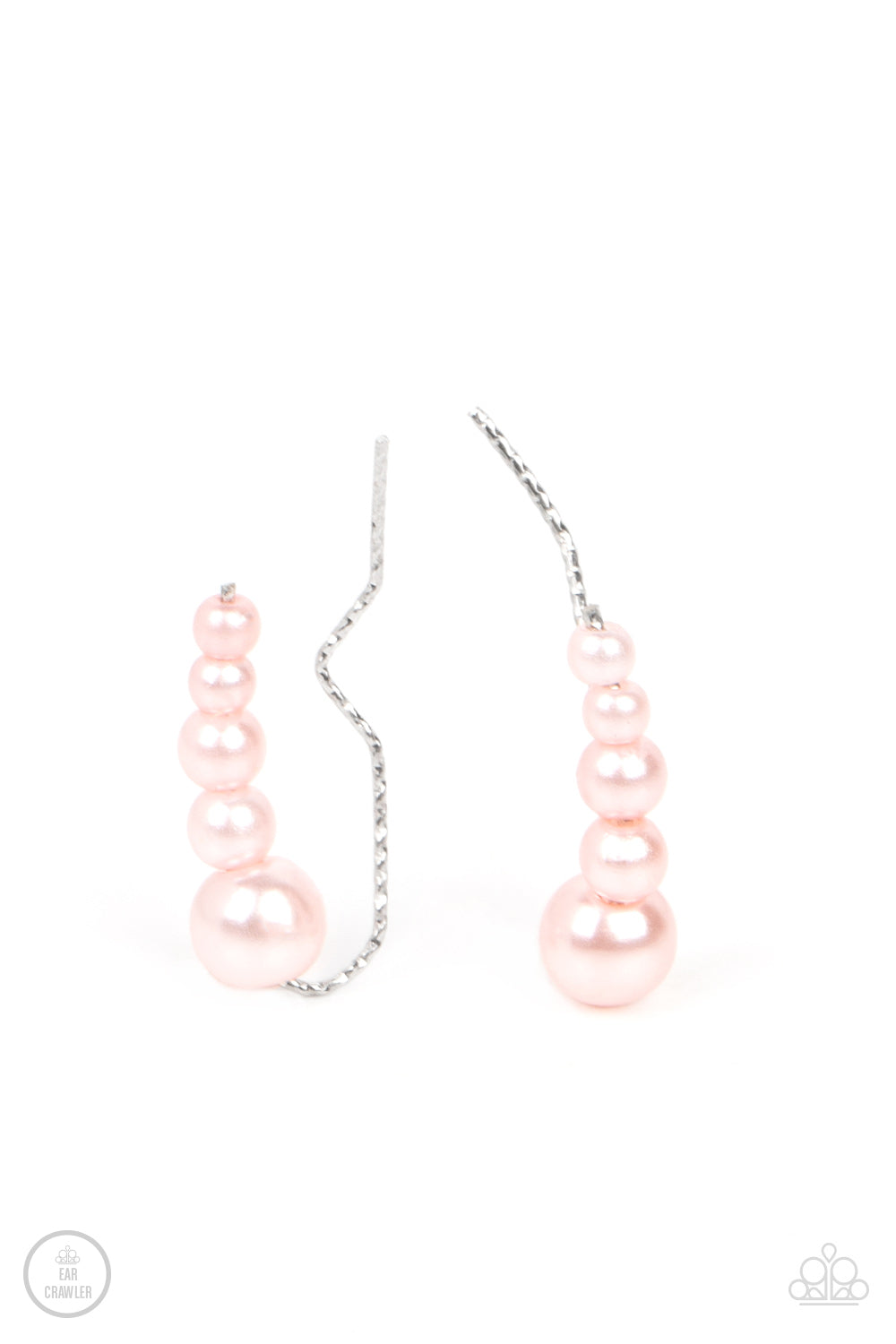 Paparazzi Accessories - Dropping into Divine - Pink Pearl Ear Crawler a bubbly cluster of dainty pink pearls decrease in size as they climb the ear, curving into an effervescent accent. Features an extended post fitting that climbs the back of the ear and can be pressed together for a more secure fit.  Sold as one pair of ear crawlers.
