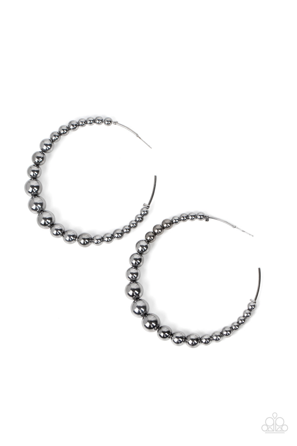 Gradually increasing in size, glistening gunmetal beads are threaded along an oversized gunmetal hoop for a gritty and glamorous effect. Earring attaches to a standard post fitting. Hoop measures approximately 2 1/2" in diameter.  Sold as one pair of hoop earrings.
