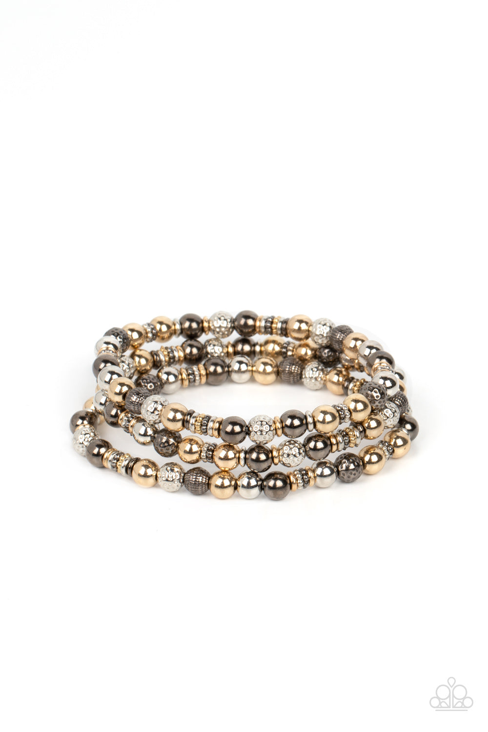 Paparazzi Accessories - Boundless Boundaries - Multi Beaded Bracelets a gritty collection of smooth, studded, and textured gold, gunmetal, and silver beads are threaded along stretchy bands around the wrist, creating dainty layers.  Sold as one set of three bracelets.