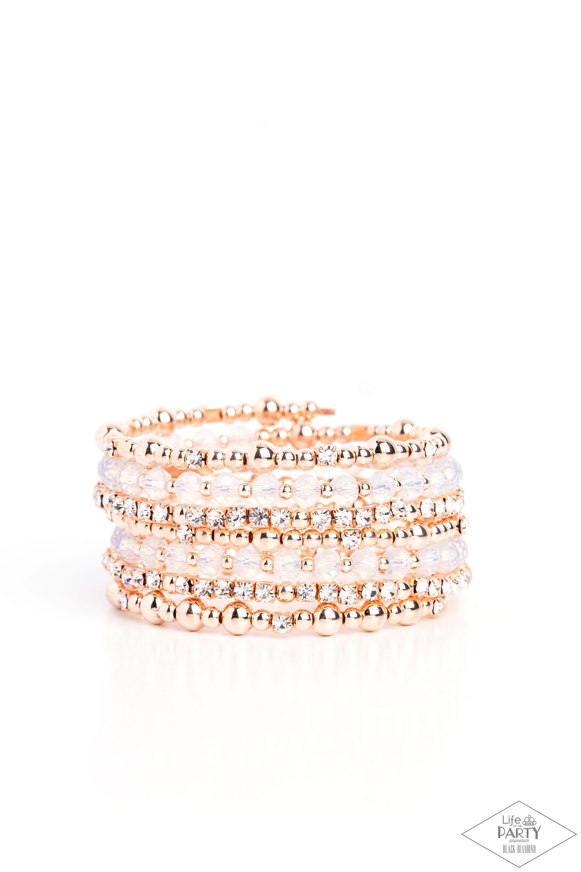 Paparazzi Accessories - Ice Knowing You - Rose Gold Bracelets an icy collection of rose gold beads, rose gold cubes, opaque crystals, and glassy white rhinestones are threaded along a coiled wire, creating a blinding infinity wrap style bracelet around the wrist.  Sold as one individual bracelet.