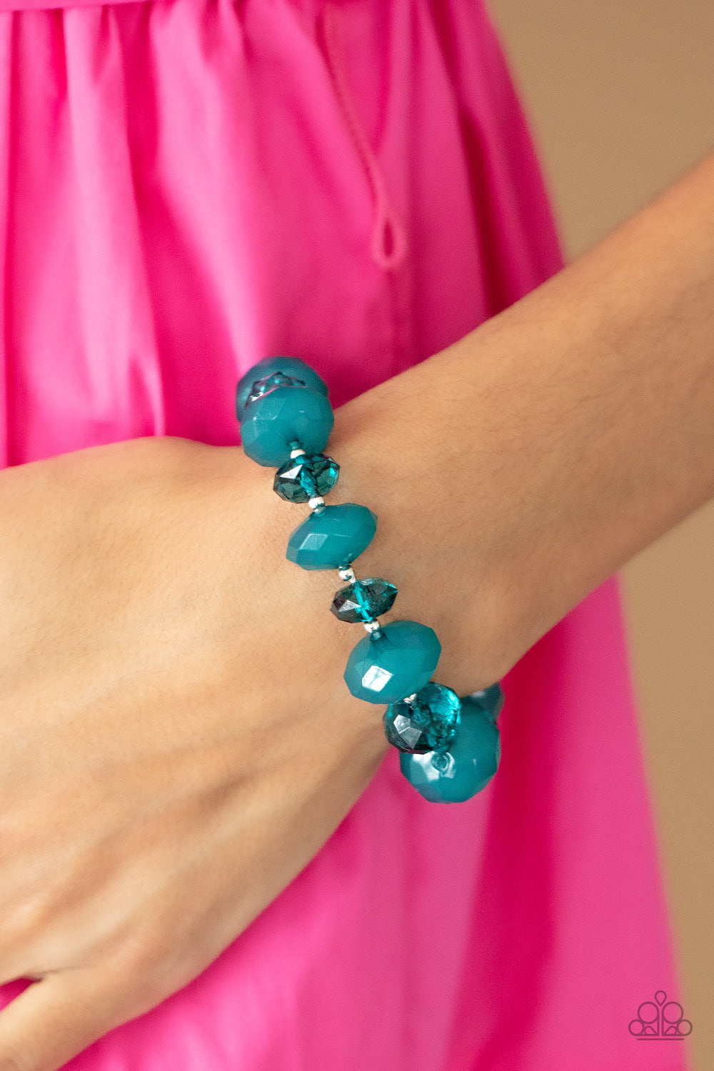 Paparazzi Accessories - Keep GLOWING Forward - Blue Bracelet infused with dainty silver beads, oversized opaque and glassy Harbor Blue crystal-like beads alternate along stretchy bands around the wrist for a playful pop of color.  Sold as one individual bracelet.  Get The Complete Look! Necklace: "Happy-GLOW-Lucky - Blue" (Sold Separately)