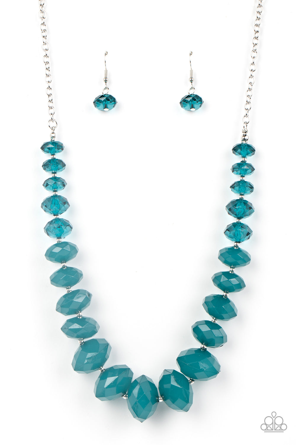 Separated by dainty silver beads, glassy Harbor Blue crystal-like beads gradually morph into opaque Harbor Blue crystal-like beads below the collar. The refreshing compilation grows in size and intensity further below the collar, adding dramatic dimension to the colorful centerpiece. Features an adjustable clasp closure.  Sold as one individual necklace. Includes one pair of matching earrings.
