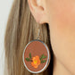 Paparazzi Prairie Patchwork -Orange Leather Earrings leafy orange flower is embroidered along the bottom of a piece of leather that is encased in a sleek silver frame, blooming into a homespun fashion. Earring attaches to a standard fishhook fitting.  Sold as one pair of earrings.
