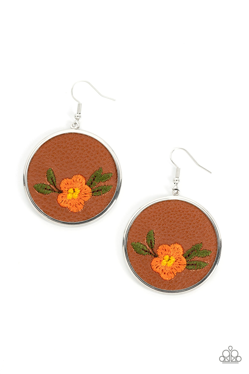 Paparazzi Prairie Patchwork -Orange Leather Earrings leafy orange flower is embroidered along the bottom of a piece of leather that is encased in a sleek silver frame, blooming into a homespun fashion. Earring attaches to a standard fishhook fitting.  Sold as one pair of earrings.