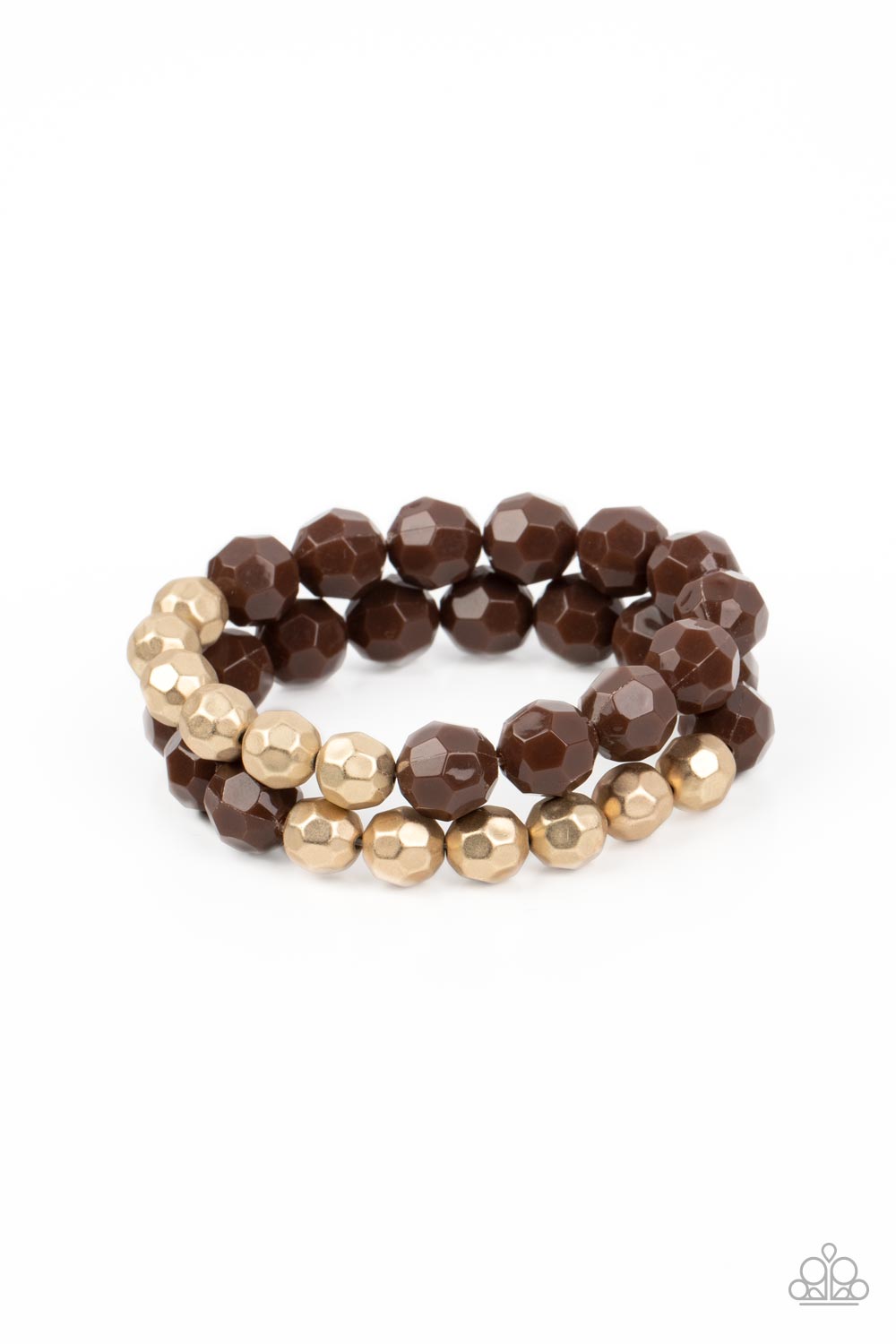 Paparazzi Accessories - Grecian Glamour - Brown Stretchy Bracelets faceted Coca Mocha and golden acrylic beads are threaded along stretchy bands, creating a modern pop of color around the wrist.  Sold as one pair of bracelets.  Get The Complete Look! Necklace: "Greco Getaway - Brown" (Sold Separately)