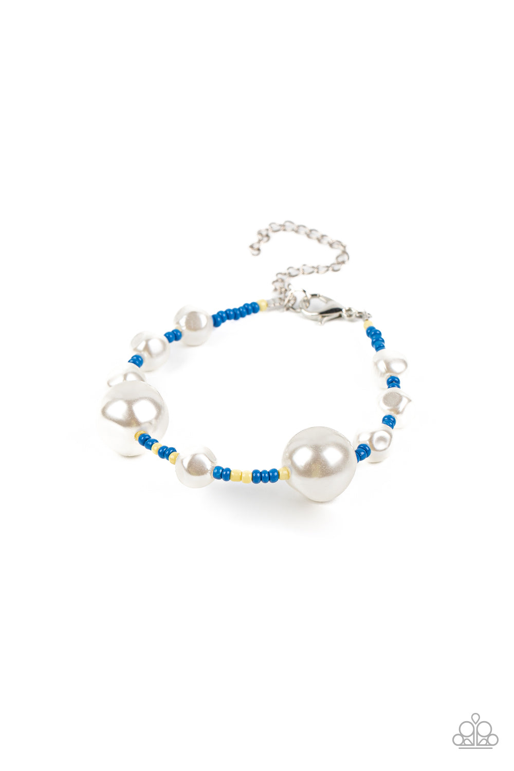 Contemporary Coastline - Blue Seedbead Bracelets rregular-shaped pearls in varying sizes are scattered amongst blue and yellow seed beads that are threaded along a wire, resulting in a refreshing and playful style around the wrist. Features an adjustable clasp closure.  Sold as one individual bracelet.  Get The Complete Look! Necklace: "Modern Marina - Blue" (Sold Separately