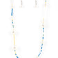 Modern Marina - Blue Seedbead Necklaces irregular-shaped pearls in varying sizes are scattered amongst blue, yellow, and white seed beads that are threaded along a wire, resulting in a refreshing and playful style below the collar.  Sold as one individual necklace. Includes one pair of matching earrings.  Get The Complete Look! Bracelet: "Contemporary Coastline - Blue" (Sold Separately)