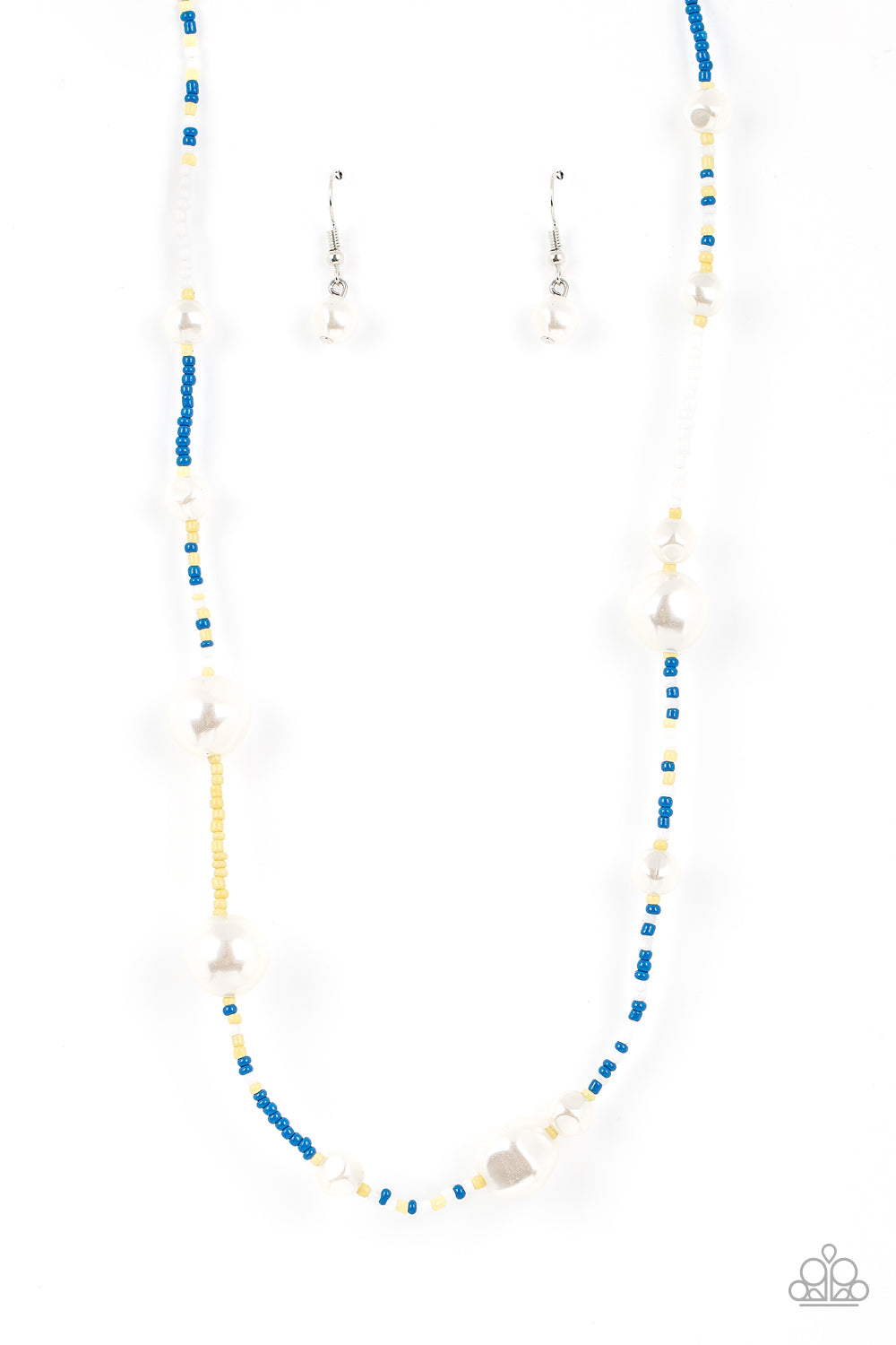 Modern Marina - Blue Seedbead Necklaces irregular-shaped pearls in varying sizes are scattered amongst blue, yellow, and white seed beads that are threaded along a wire, resulting in a refreshing and playful style below the collar.  Sold as one individual necklace. Includes one pair of matching earrings.  Get The Complete Look! Bracelet: "Contemporary Coastline - Blue" (Sold Separately)