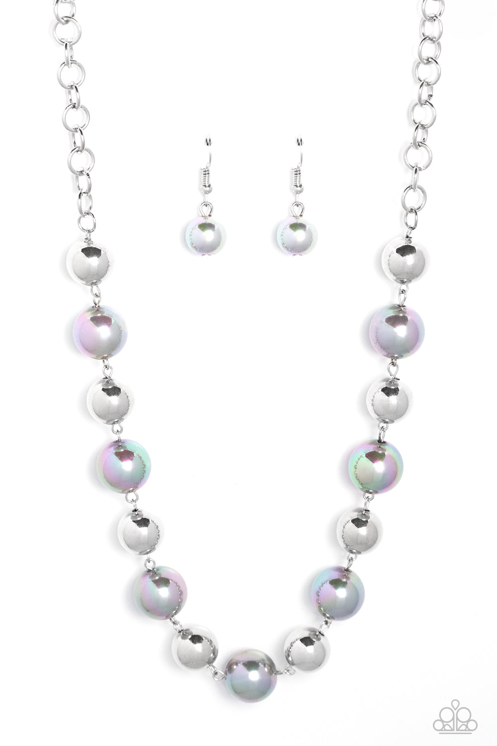 Paparazzi Dreamscape Escape - Silver Iridescent Necklaces dipped in an iridescent finish, oversized silver pearls alternate with shiny silver beads below the collar for a dreamy pop of shimmer. Features an adjustable clasp closure.  Sold as one individual necklace. Includes one pair of matching earrings.  Get The Complete Look! Bracelet: "A DREAMSCAPE Come True - Silver" (Sold Separately)