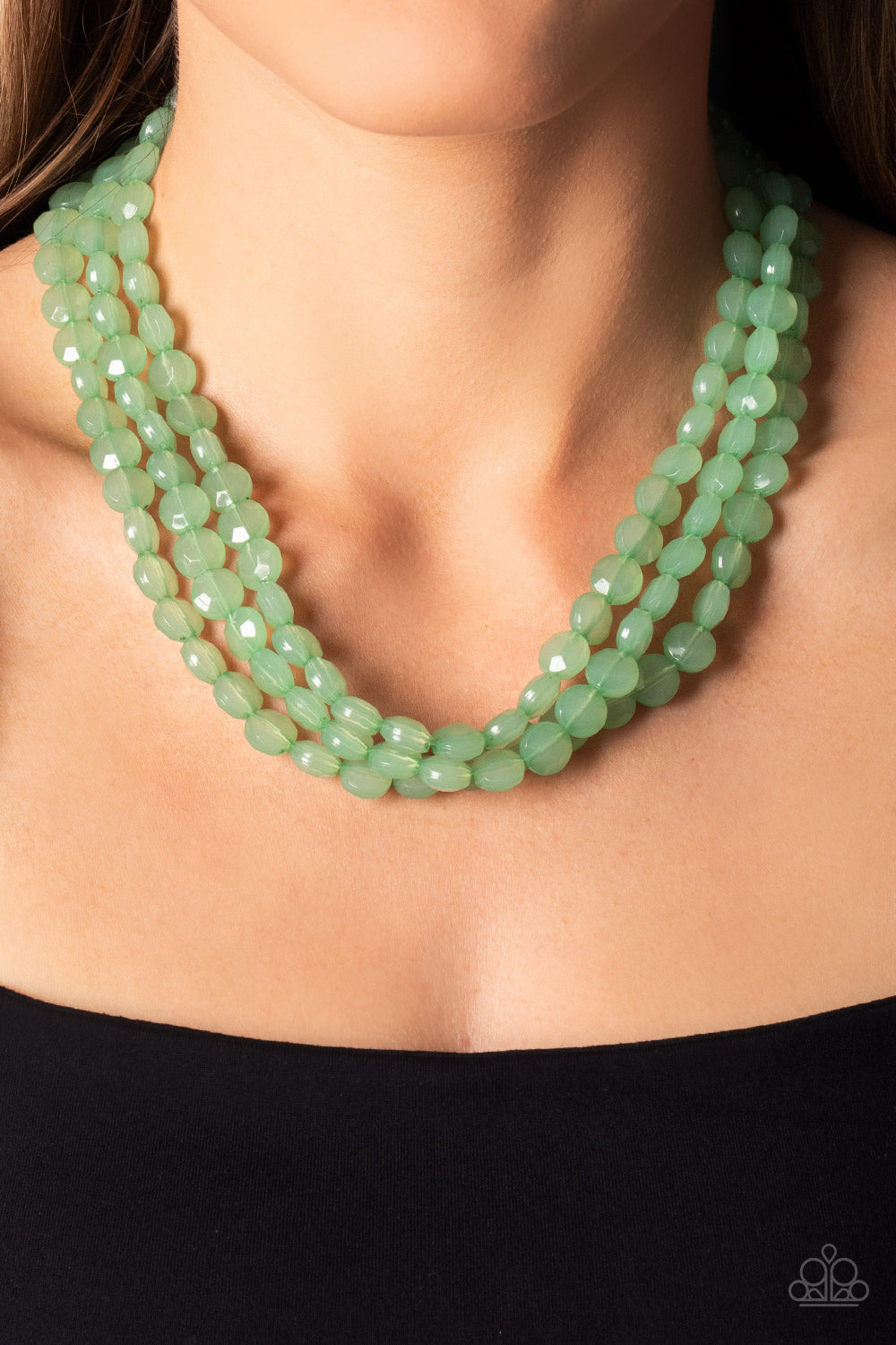 Boundless Bliss - Green Opaque Bead Necklaces featuring faceted gem-like cuts, opaque Basil crystal-like beads are threaded along layers of thread below the collar for a dreamy pop of color. Features an adjustable clasp closure.  Sold as one individual necklace. Includes one pair of matching earrings.