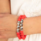 Threaded along invisible wires, matte-finished Poinciana beads give way to center sections of white rhinestone encrusted rings and faceted silver beads. The vivacious display layers below the collar, creating a summery splash of color. Sold as one individual necklace. Includes one pair of matching earrings. he wrist. White rhinestone encrusted rings flank a trio of faceted silver beads along a stretchy row of matte-finished Poinciana beads, creating a summery splash of color around the wrist.