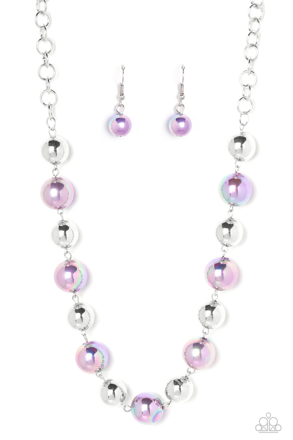 Dreamscape Escape - Purple Iridescent Necklaces dipped in an iridescent finish, oversized lavender pearls alternate with shiny silver beads below the collar for a dreamy pop of shimmer. Features an adjustable clasp closure.  Sold as one individual necklace. Includes one pair of matching earrings.
