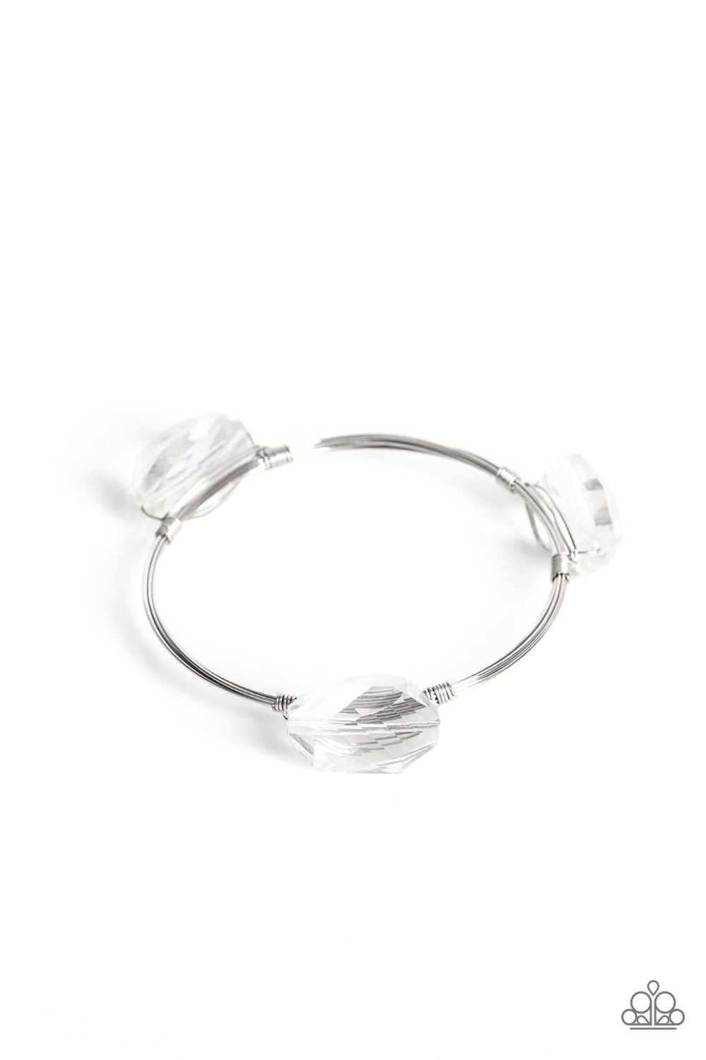 Paparazzi Accessories - Galactic Getaway - White Bangle Bracelets featuring a glassy shimmer, oversized faceted gems are wrapped in place along the front of coiled silver wires that join into a solitaire bangle around the wrist for an out-of-this-world finish. Due to its prismatic palette, color may vary.  Sold as one individual bracelet.