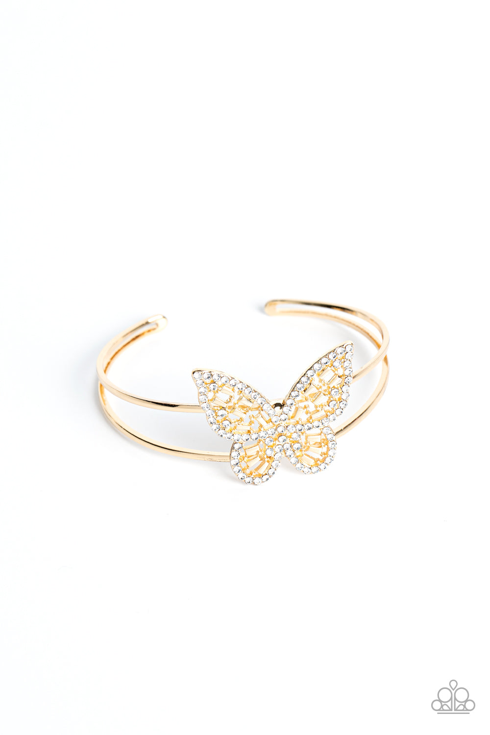 Paparazzi Butterfly Bella - Gold Butterfly Bracelets bordered in glassy white rhinestones, an airy gold butterfly is dotted in dainty white rhinestones and shiny gold emerald-like accents as it flutters atop a layered gold cuff for an enchanting fashion.  Sold as one individual bracelet.
