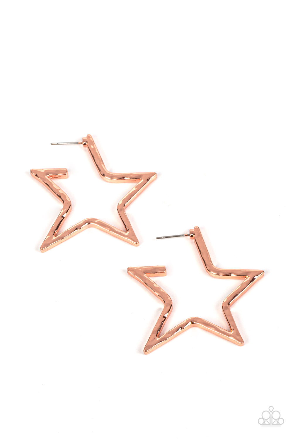 All-Star Attitude - Copper Star Earrings a hammered shiny copper bar delicately folds into a star-shaped hoop, resulting in a stellar metallic shimmer. Earring attaches to a standard post fitting.  Sold as one pair of hoop earrings.