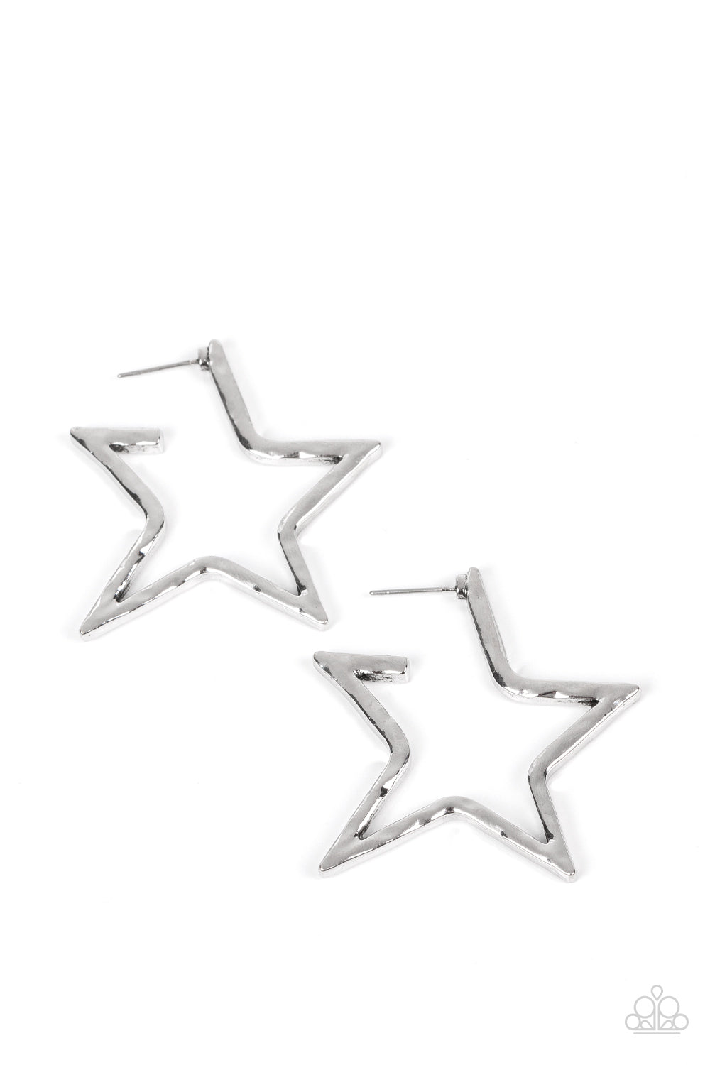 All-Star Attitude - Silver Star Earrings a hammered silver bar delicately folds into a star-shaped hoop, resulting in a stellar metallic shimmer. Earring attaches to a standard post fitting.  Sold as one pair of hoop earrings.