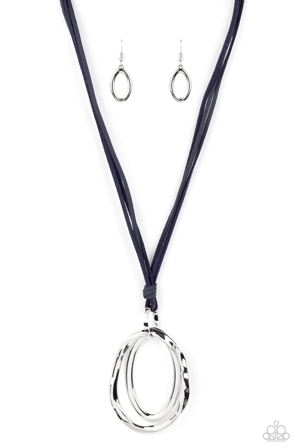 Paparazzi Accessories - Long OVAL-due - Silver Necklace long strips of navy blue leather knot around a silver link where a mismatched pair of smooth and hammered silver ovals swing from the bottom, resulting in a rustic pendant. Features an adjustable clasp closure.  Sold as one individual necklace. Includes one pair of matching earrings.