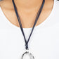 Paparazzi Accessories - Long OVAL-due - Silver Necklace long strips of navy blue leather knot around a silver link where a mismatched pair of smooth and hammered silver ovals swing from the bottom, resulting in a rustic pendant. Features an adjustable clasp closure.  Sold as one individual necklace. Includes one pair of matching earrings.