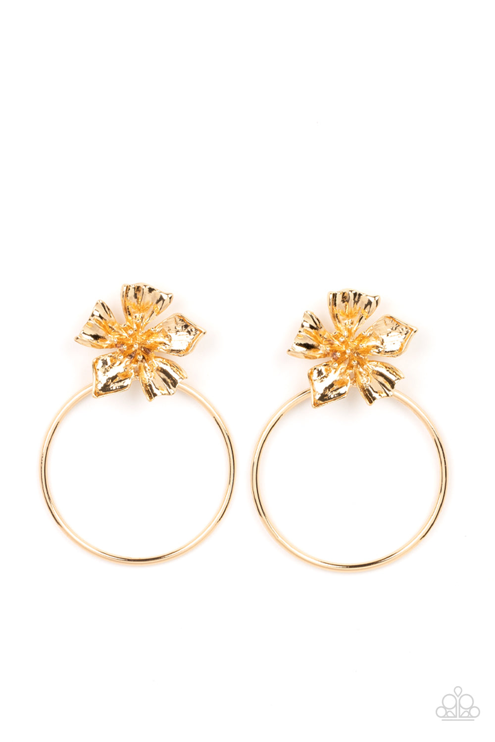 Paparazzi Accessories - Buttercup Bliss - Gold Earrings featuring lifelike textures, a shimmery gold buttercup blooms atop an oversized gold hoop for a whimsical allure. Earring attaches to a standard post fitting.  Sold as one pair of post earrings.