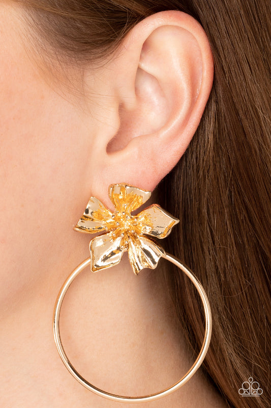 Paparazzi Accessories - Buttercup Bliss - Gold Earrings featuring lifelike textures, a shimmery gold buttercup blooms atop an oversized gold hoop for a whimsical allure. Earring attaches to a standard post fitting.  Sold as one pair of post earrings.