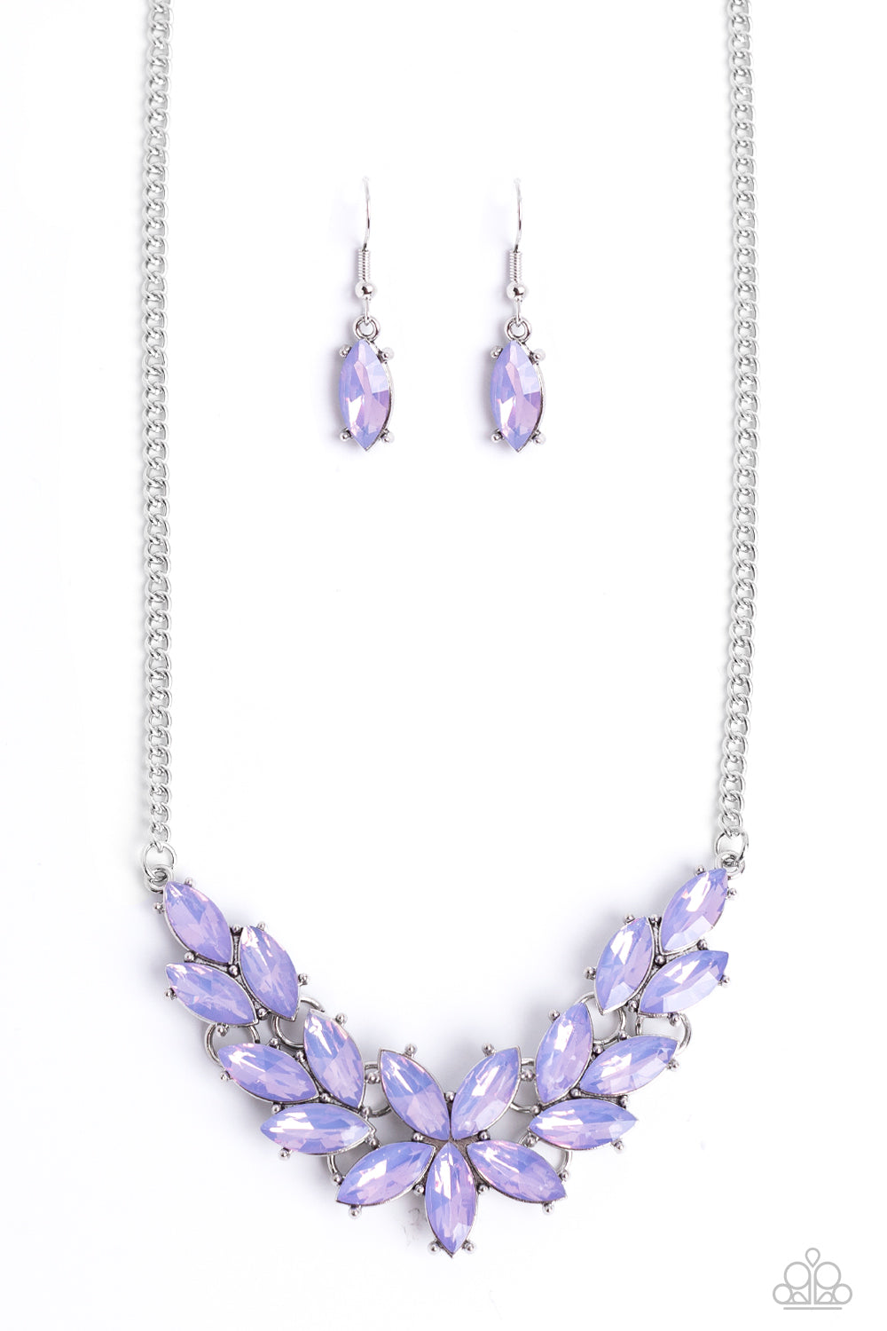 Paparazzi Accessories - Ethereal Efforlescence - Purple Necklace an opaque collection of marquise cut Very Peri gems delicately fans out below the collar, resulting in an ethereal floral centerpiece. Features an adjustable clasp closure.  Sold as one individual necklace. Includes one pair of matching earrings.