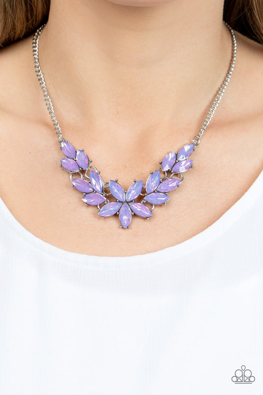 Paparazzi Accessories - Ethereal Efforlescence - Purple Necklace an opaque collection of marquise cut Very Peri gems delicately fans out below the collar, resulting in an ethereal floral centerpiece. Features an adjustable clasp closure.  Sold as one individual necklace. Includes one pair of matching earrings.